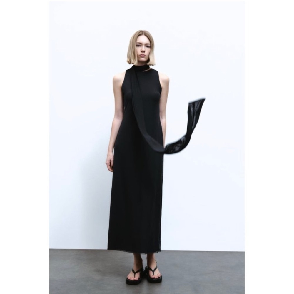 Zara Black Tied Tulle Midi Dress - Size M - NWT